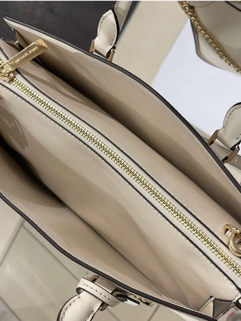 Michael Kors Pale Cream Saffiano Satchel with Gold Hardware